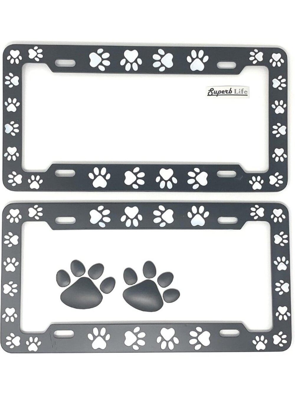 Set of 2 Animal Print License Plate Frames with 3D Dog Paw Stickers - Pet Lovers